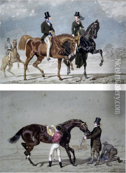 Jockey Saddling & Figures Riding Oil Painting - John Frederick Herring Snr