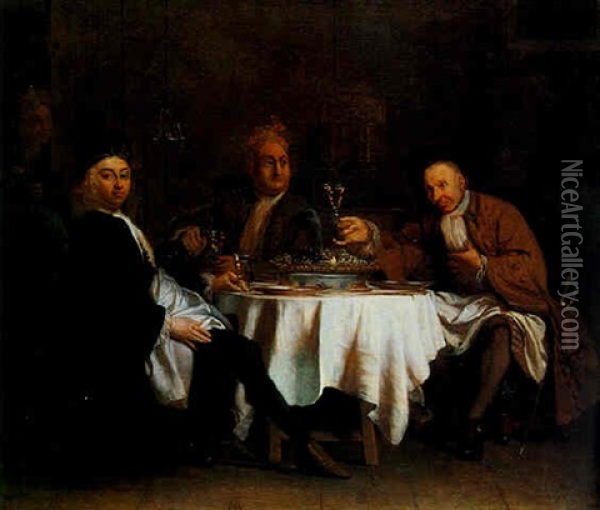 Three Gentlemen Seated At A Table About To Dine Oil Painting - Herman van der Myn