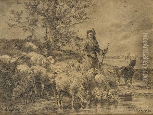 Gardienne Et Ses Moutons Oil Painting - Charles Emile Jacque