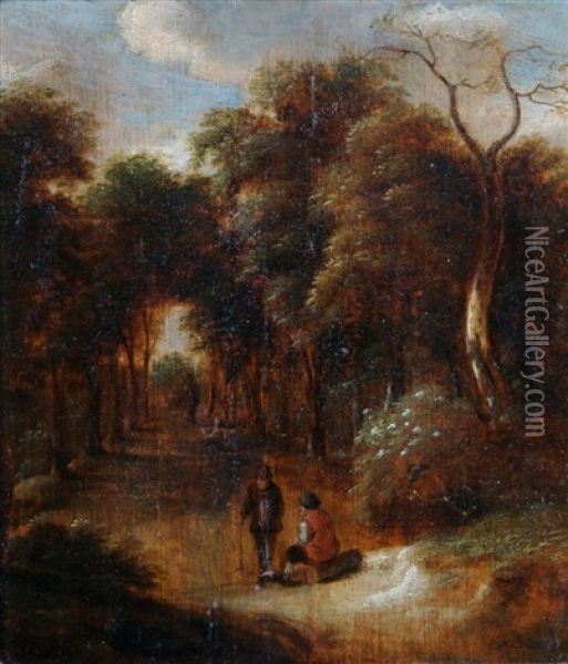 Figures In A Wooded Landscape Oil Painting - Jan Miense Molenaer