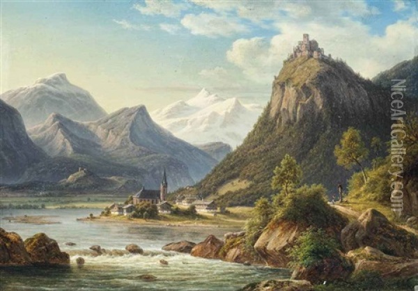 Landscape With Hocheppan Castle, South Tyrol Oil Painting - Frederik Christian Jacobsen Kiaerskou