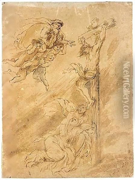 The Crucifixion with god the father Oil Painting - Giovanni Benedetto Castiglione