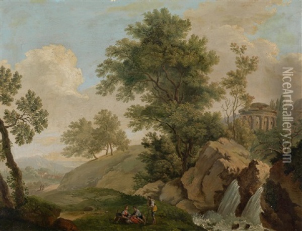 Landschaft Bei Tivoli Mit Den Den Wasserfallen Und Dem Vestatempel, Im Vordergrund Rastende Personen Oil Painting - Paolo Anesi