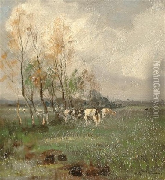 Cows Grazing In A Meadow Oil Painting - Willem George Frederik Jansen