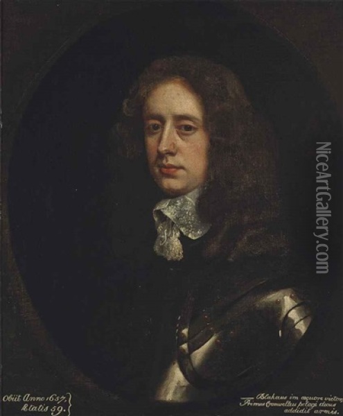 Portrait Of A Gentleman, Traditionally Identified As Robert Blake (1598-1657), Half-length, In Armour, With A Lace Stock, In A Painted Oval Oil Painting - John Riley