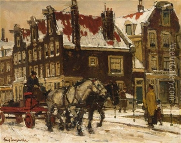 A Horse Drawn Cart On A Bridge In Wintry Amsterdam Oil Painting - Frans Langeveld