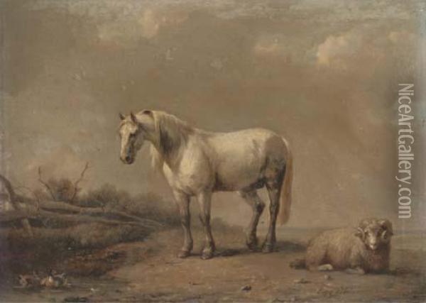 A Horse And Ram At The Farm Pond Oil Painting - Eugene Joseph Verboeckhoven