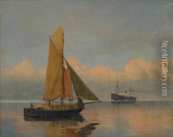 Steamer And Sailing Boat In Calm Seas Oil Painting - Niels Hansteen