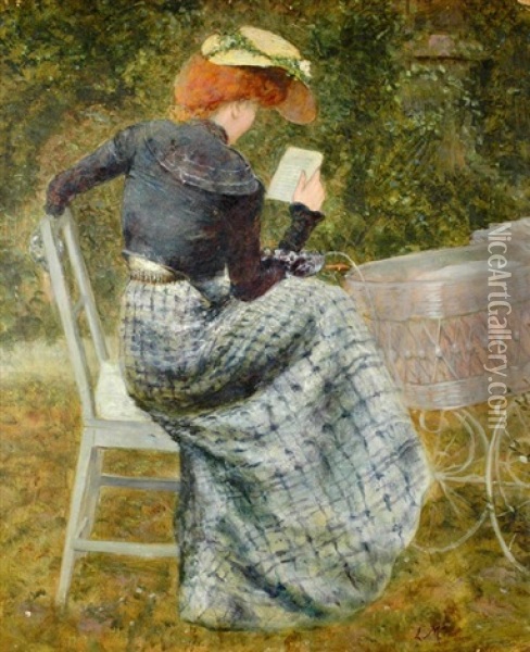Reading Lady With Pram Oil Painting - Ludwig (Ludek) Marold