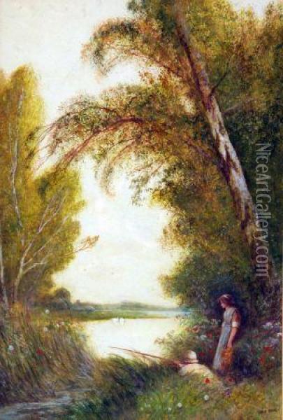 Figures Fishing On A River Bank Oil Painting - Fred Hines