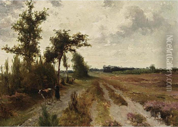 A Peasant Woman And Cow On A Path Oil Painting - Theodore Gerard