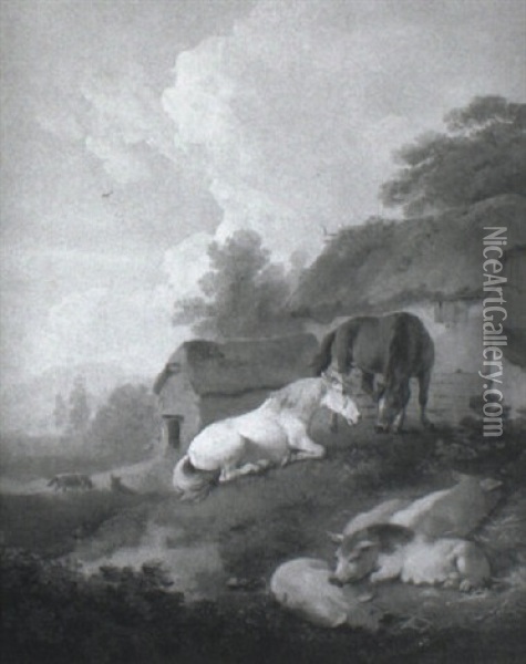 Horses And Pigs Resting In A Landscape With Barns Beyond Oil Painting - Julius Caesar Ibbetson