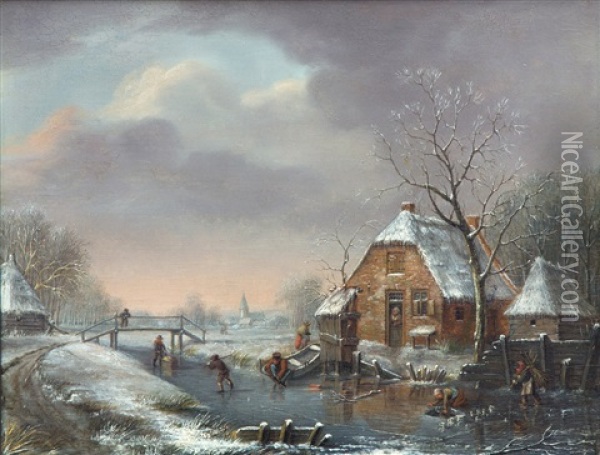 A Dutch Winter Scene With Skaters And Farmers On A Frozen Ditch Oil Painting - Andreas Johannes van Opstal