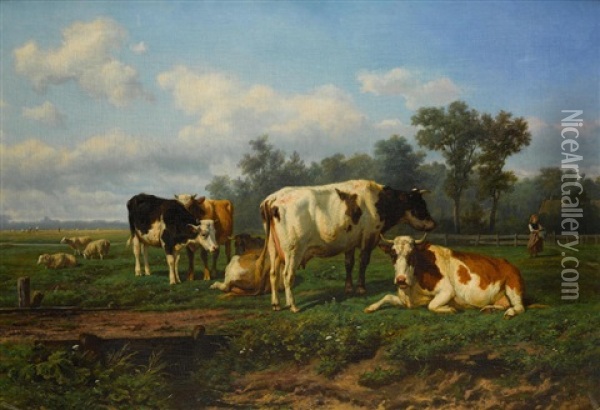 Cattle At Rest In A Meadow Oil Painting - Eugene Verboeckhoven