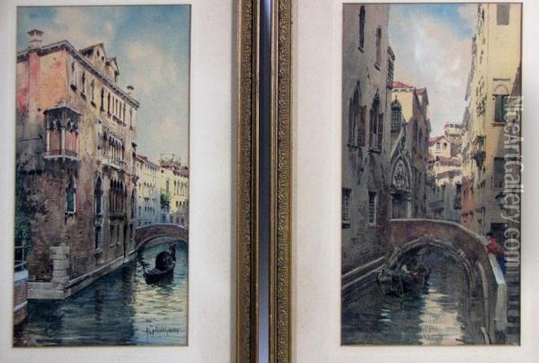 Pair Venice Canal Views Oil Painting - Natale Gavagnin