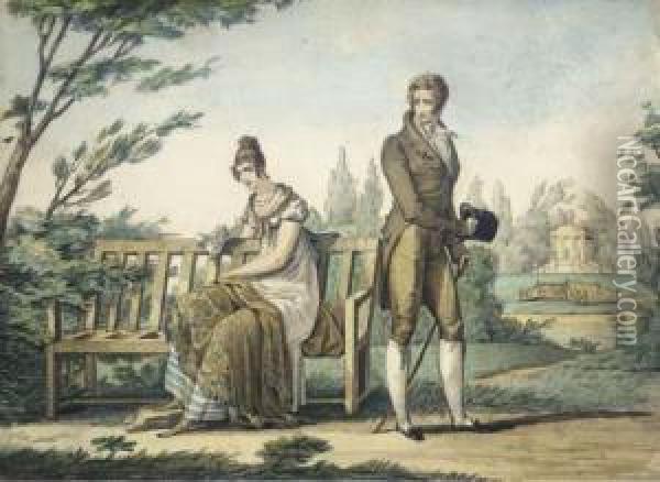 Homme Et Femme Conversant Dans Un Jardin Oil Painting - Dutailly