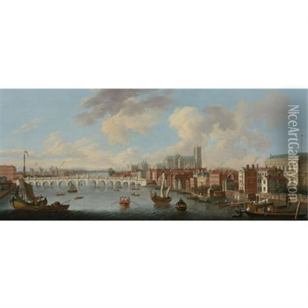 View Of The Thames And Old Westminster Bridge Looking Towards Westminster Abbey Oil Painting - Joseph Nichols