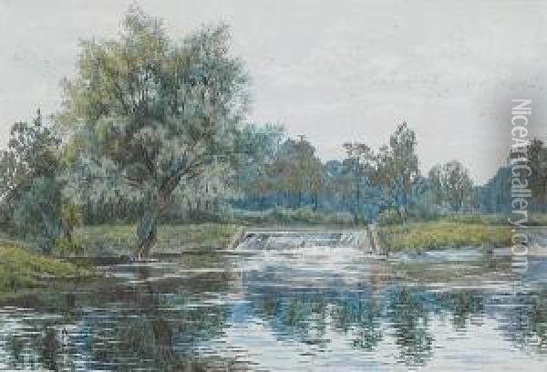 A Weir On The Ouse Near Hemingford Grey Oil Painting - William Fraser Garden