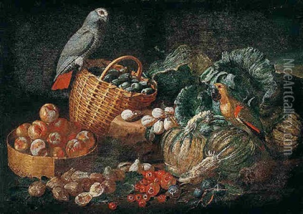 Still Life With Parrots, Pumpkins, Tomatoes, Figs, Peaches And Plums In A Basket Oil Painting - Jacob van der Kerckhoven