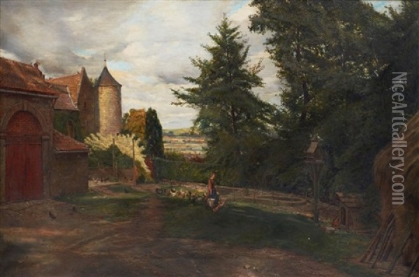 Feeding The Chickens On A French Farm Oil Painting - Eyre Crowe