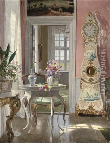 Summer Blooms In An Interior Oil Painting - Adolf Heinrich Claus Hansen