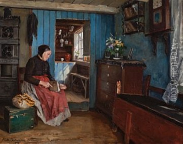 Kvinne Som Karder Oil Painting - Johanne Mathilde Dietrichson