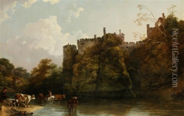 Chepstow Castle From The River Wye With Cattle To The Foreground Oil Painting - Philip James de Loutherbourg