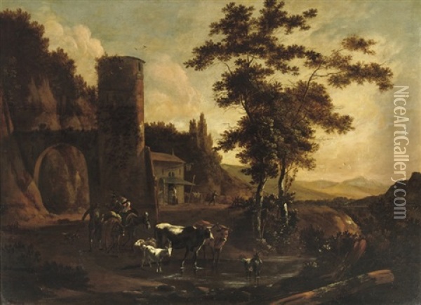A Wooded Landscape With Peasants And Their Cattle, Goats And Sheep By A Tower Oil Painting - Willem Hendriksz Verboom