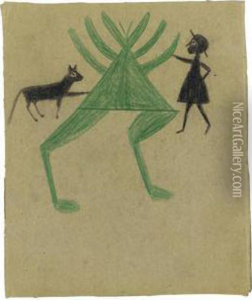 Woman With Dog On Green Plant Construction Oil Painting - Bill Traylor