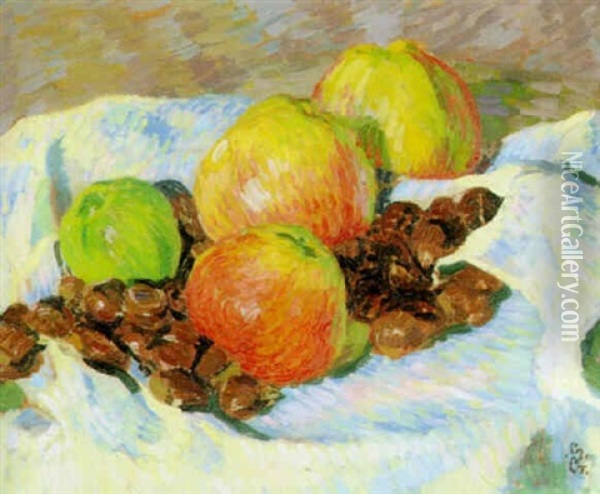 Stilleben Mit Apfeln Und Kastanien Oil Painting - Giovanni Giacometti