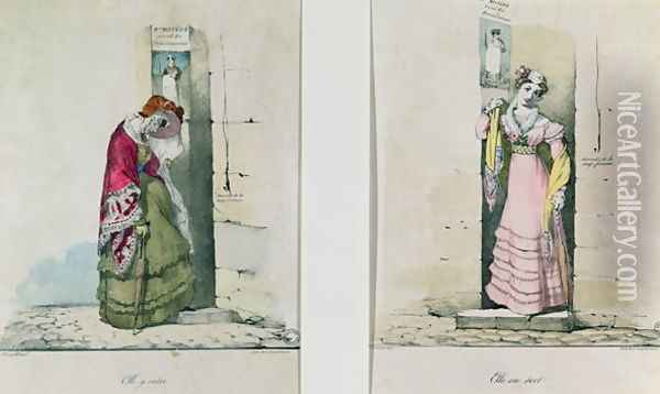 A woman entering and leaving an abortion clinic, engraved by Godefroy Engelmann (1788-1839) Oil Painting - Wattier