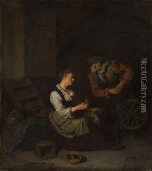Interieur Mit Einer Frau Am Spinnrad, Rechts Ein Mann Oil Painting - Cornelis Pietersz Bega