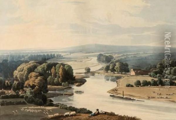 Vues De La Campagne Anglaise : 
Windsor Castle ; View Of The Thames At Strealey ; Abingdon Bridge & 
Church ; Caversham Bridge Near Reading. Oil Painting - William Havell