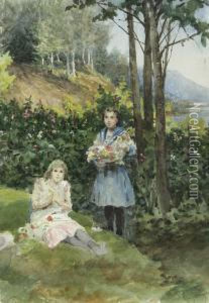 Madchen Mit Blumen In Sommerlandschaft Oil Painting - Tito Agujari