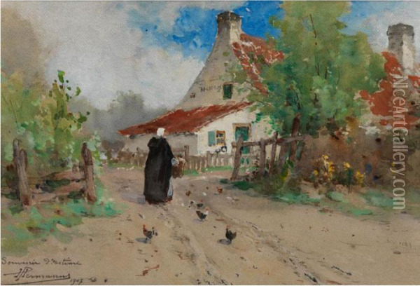 Bauernfrau Mit Schwarzem Mantel, Korb Und Weisser Haube Oil Painting - Paul Hermanus