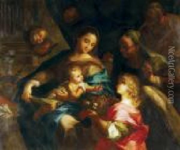 The Virgin And Child With Adoring Angels And Saints Anne And Joachim Oil Painting - Francesco Solimena