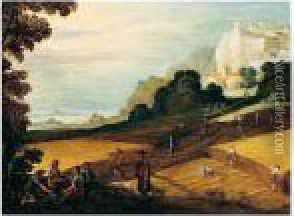 A Harvesting Scene With Workers Eating And Resting In The Foreground Oil Painting - Paul Bril