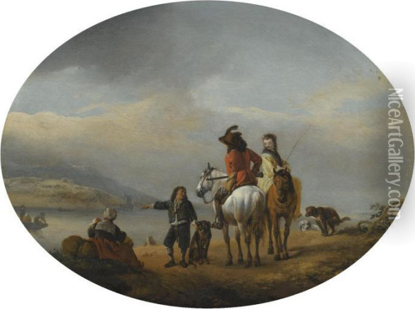 A Lady And A Gentleman On Horseback Being Shown To An Approaching Ferry By A Young Page Oil Painting - Pieter Wouwermans or Wouwerman
