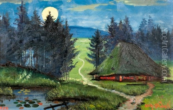 Aargauer Strohdachhaus Unter Nachtlichem Himmel Oil Painting - Johann Othmar Doebeli