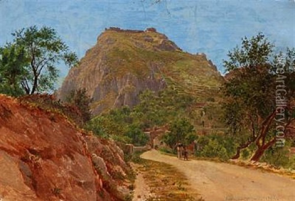 Landscape From Taormina With A Monk And A Boy Walking On The Road Oil Painting - Niels Emil Holm