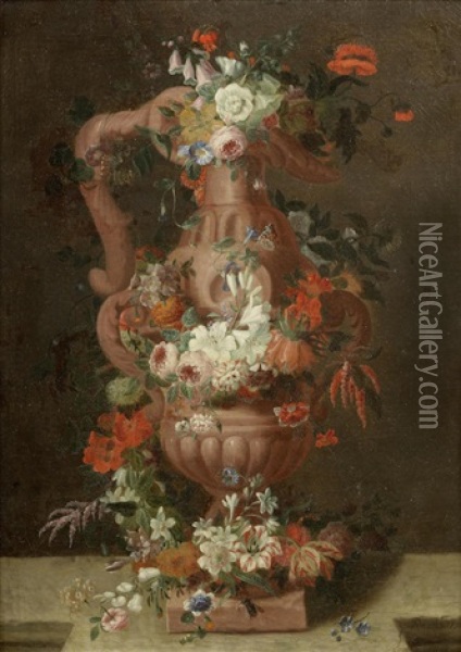 Roses, Morning Glory, Lilies, Carnations, Fritillary And Other Flowers Around An Earthenware Vase Oil Painting - Pieter Hardime