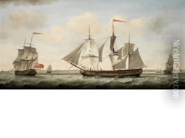 The London Merchantman Adamant In Three Positions Off The Coast, Probably The Thames Estuary Oil Painting - Francis Holman