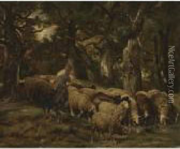 A Shepherd And His Flock Stopping To Drink Oil Painting - Charles Emile Jacque