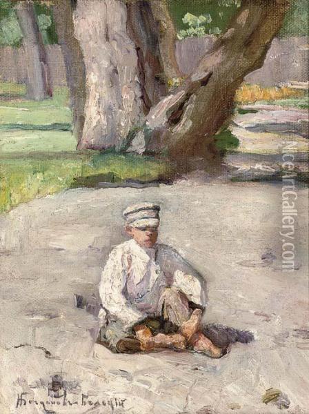 A Boy Sitting Before A Tree Oil Painting - Nikolai Petrovich Bogdanov-Belsky