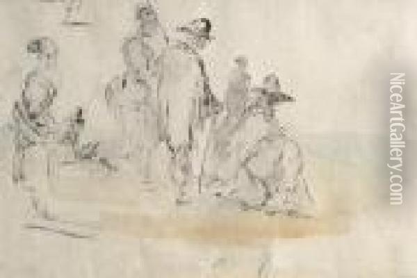 Studies Of Peasant Figures Oil Painting - Jean-Baptiste Pillement