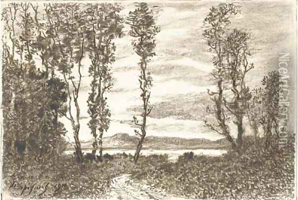 A path through a wood leading to a lake, hills in the distance Oil Painting - Henri-Joseph Harpignies