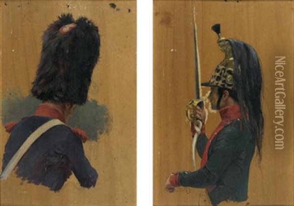 Un Dragon Et Un Hussard (study; Pair) Oil Painting - Edouard Jean Baptiste Detaille