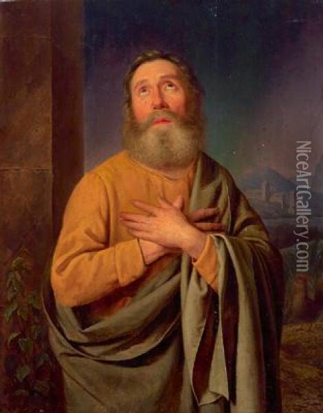 Der Apostel Petrus Mit Dem Hahn Vorlandschaftlichem Hintergrund Oil Painting - Franz Bernhardt
