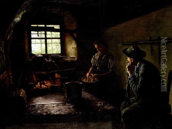 Bauernpaar In Einer Sennhutte Oil Painting - Emil Rau