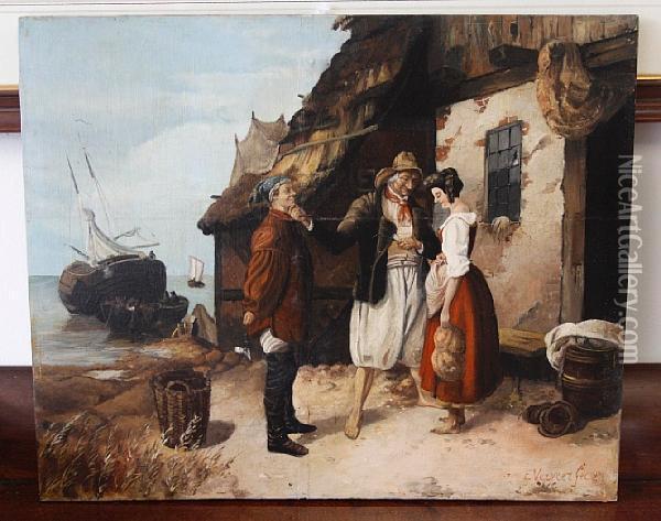 A Fishing Family Before A Cottage Oil Painting - Elchanon Verveer